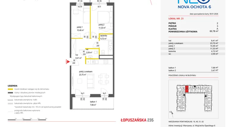 Rzut - Mieszkanie na sprzedaż 3 pokoje o powierzchni 60,78 m² - numer 29 w Neo Nova Ochota 6