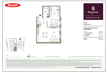 Rzut - Mieszkanie na sprzedaż 1 pokój o powierzchni 54,78 m² - numer 4 w Dajwór