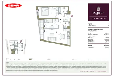 Rzut - Mieszkanie na sprzedaż 3 pokoje o powierzchni 61,85 m² - numer 5 w Dajwór
