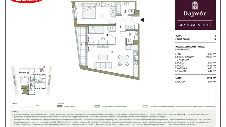 Rzut - Mieszkanie na sprzedaż 3 pokoje o powierzchni 61,85 m² - numer 5 w Dajwór
