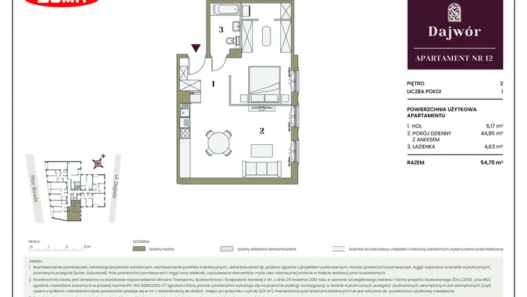 Rzut - Mieszkanie na sprzedaż 1 pokój o powierzchni 54,75 m² - numer 12 w Dajwór