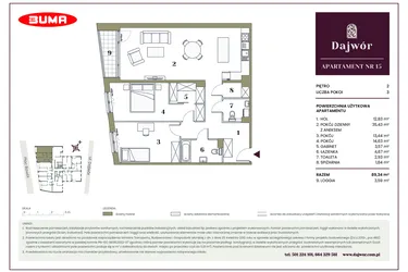 Rzut - Mieszkanie na sprzedaż 3 pokoje o powierzchni 89,34 m² - numer 15 w Dajwór
