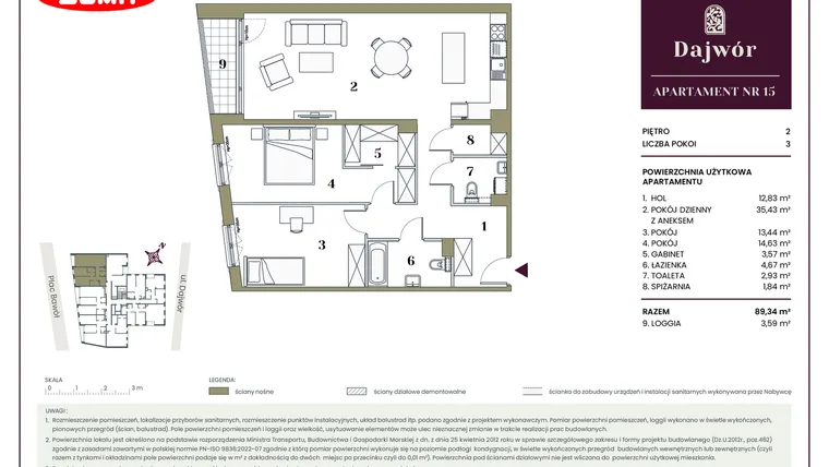 Rzut - Mieszkanie na sprzedaż 3 pokoje o powierzchni 89,34 m² - numer 15 w Dajwór