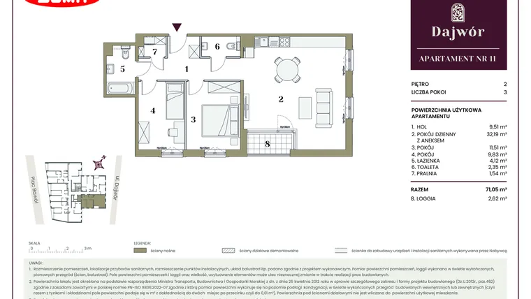 Rzut - Mieszkanie na sprzedaż 3 pokoje o powierzchni 71,05 m² - numer 11 w Dajwór