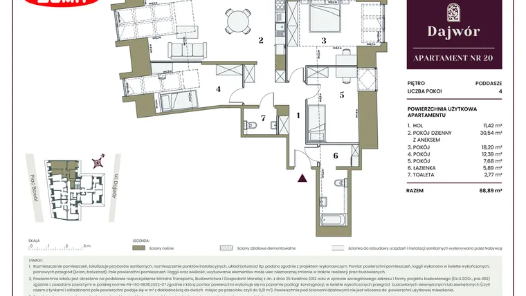Rzut - Mieszkanie na sprzedaż 4 pokoje o powierzchni 88,89 m² - numer 20 w Dajwór