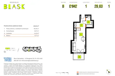 Rzut - Mieszkanie na sprzedaż 1 pokój o powierzchni 29,63 m² - numer C1M2 w Osiedle BLASK - Etap I
