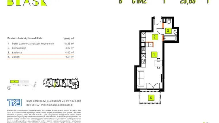 Rzut - Mieszkanie na sprzedaż 1 pokój o powierzchni 29,63 m² - numer C1M2 w Osiedle BLASK - Etap I