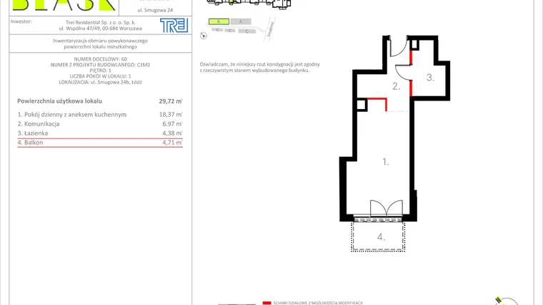 Rzut - Mieszkanie na sprzedaż 1 pokój o powierzchni 29,72 m² - numer C1M2 w Osiedle BLASK - Etap I