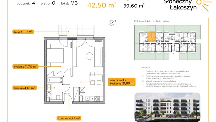 Rzut - Mieszkanie na sprzedaż 2 pokoje o powierzchni 42,5 m² - numer 4/M/0/3 w Osiedle Słoneczny Łąkoszyn bud. 4