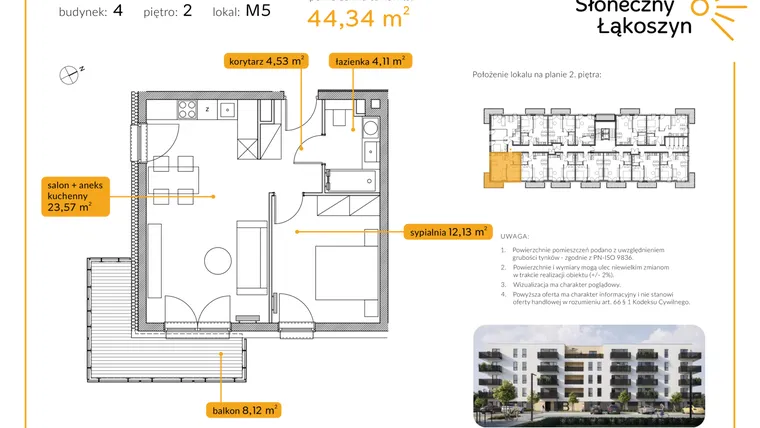 Rzut - Mieszkanie na sprzedaż 2 pokoje o powierzchni 44,34 m² - numer 4/M/2/5 w Osiedle Słoneczny Łąkoszyn bud. 4