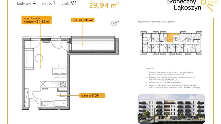 Rzut - Mieszkanie na sprzedaż 1 pokój o powierzchni 29,94 m² - numer 4/M/1/1 w Osiedle Słoneczny Łąkoszyn bud. 4
