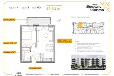 Rzut - Mieszkanie na sprzedaż 2 pokoje o powierzchni 42,5 m² - numer 4/M/3/3 w Osiedle Słoneczny Łąkoszyn bud. 4