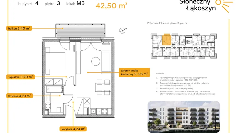 Rzut - Mieszkanie na sprzedaż 2 pokoje o powierzchni 42,5 m² - numer 4/M/3/3 w Osiedle Słoneczny Łąkoszyn bud. 4