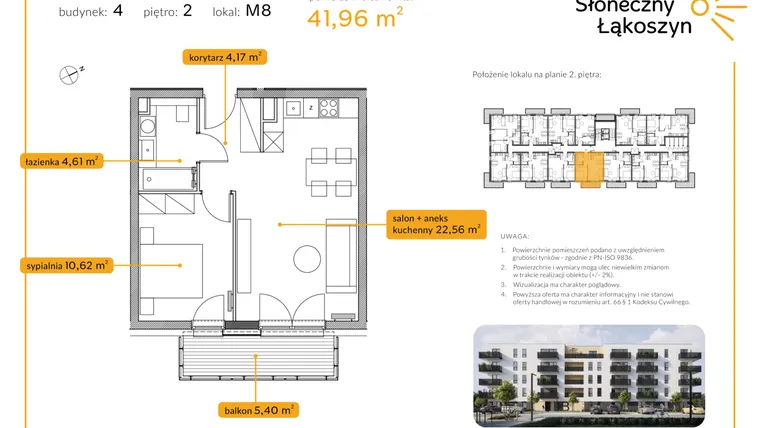 Rzut - Mieszkanie na sprzedaż 2 pokoje o powierzchni 41,96 m² - numer 4/M/2/8 w Osiedle Słoneczny Łąkoszyn bud. 4