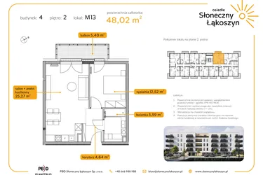 Rzut - Mieszkanie na sprzedaż 2 pokoje o powierzchni 48,02 m² - numer 4/M/2/13 w Osiedle Słoneczny Łąkoszyn bud. 4