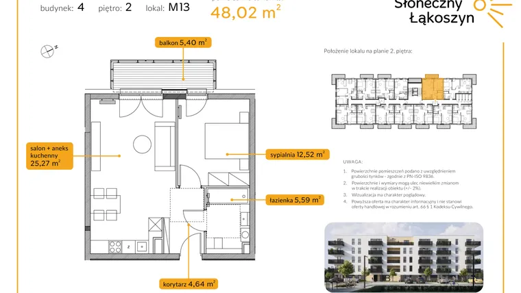 Rzut - Mieszkanie na sprzedaż 2 pokoje o powierzchni 48,02 m² - numer 4/M/2/13 w Osiedle Słoneczny Łąkoszyn bud. 4