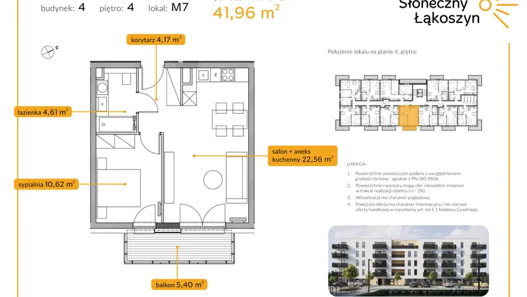 Rzut - Mieszkanie na sprzedaż 2 pokoje o powierzchni 41,96 m² - numer 4/M/4/7 w Osiedle Słoneczny Łąkoszyn bud. 4
