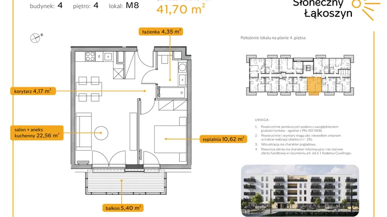 Rzut - Mieszkanie na sprzedaż 2 pokoje o powierzchni 41,7 m² - numer 4/M/4/8 w Osiedle Słoneczny Łąkoszyn bud. 4