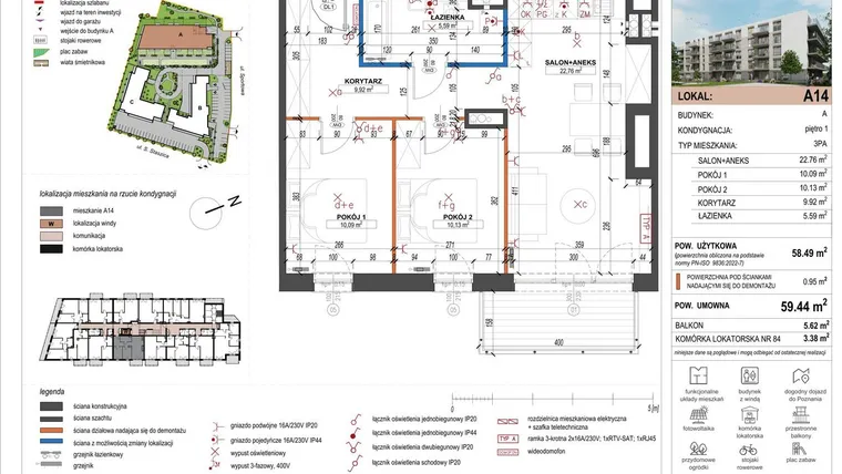 Rzut - Mieszkanie na sprzedaż 3 pokoje o powierzchni 58,87 m² - numer A14 w ulica Staszica bud. A