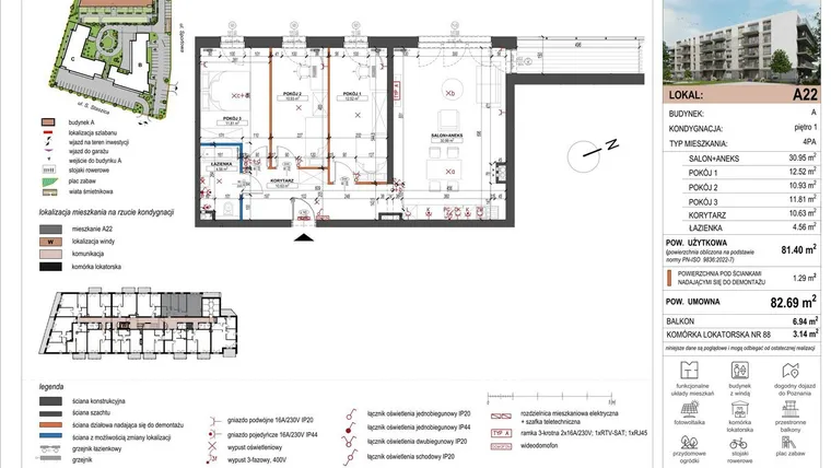 Rzut - Mieszkanie na sprzedaż 4 pokoje o powierzchni 81,4 m² - numer A22 w ulica Staszica bud. A