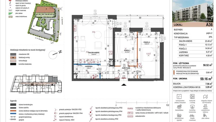 Rzut - Mieszkanie na sprzedaż 3 pokoje o powierzchni 58,52 m² - numer A36 w ulica Staszica bud. A