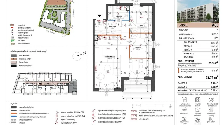 Rzut - Mieszkanie na sprzedaż 3 pokoje o powierzchni 71,53 m² - numer A65 w ulica Staszica bud. A