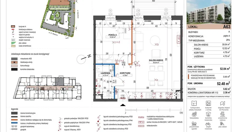 Rzut - Mieszkanie na sprzedaż 2 pokoje o powierzchni 52,04 m² - numer A63 w ulica Staszica bud. A