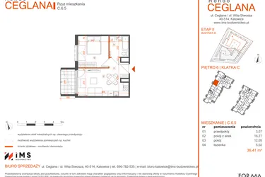 Rzut - Mieszkanie na sprzedaż 2 pokoje o powierzchni 36,31 m² - numer C.6.5 w Rondo Ceglana etap II
