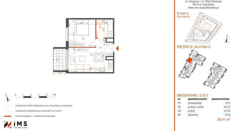 Rzut - Mieszkanie na sprzedaż 2 pokoje o powierzchni 36,31 m² - numer C.6.5 w Rondo Ceglana etap II