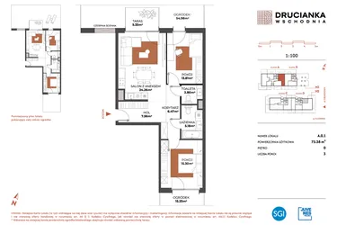 Rzut - Mieszkanie na sprzedaż 3 pokoje o powierzchni 75,38 m² - numer A.0.1 w Drucianka Wschodnia