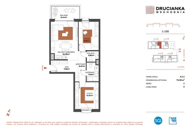 Rzut - Mieszkanie na sprzedaż 3 pokoje o powierzchni 75,38 m² - numer A.1.1 w Drucianka Wschodnia