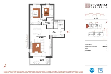 Rzut - Mieszkanie na sprzedaż 3 pokoje o powierzchni 89,7 m² - numer A.1.4 w Drucianka Wschodnia