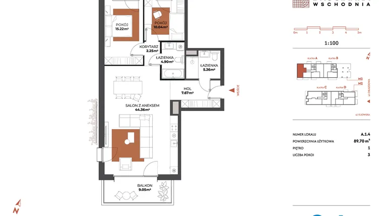 Rzut - Mieszkanie na sprzedaż 3 pokoje o powierzchni 89,7 m² - numer A.1.4 w Drucianka Wschodnia
