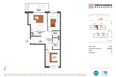 Rzut - Mieszkanie na sprzedaż 3 pokoje o powierzchni 77,18 m² - numer A.5.1 w Drucianka Wschodnia