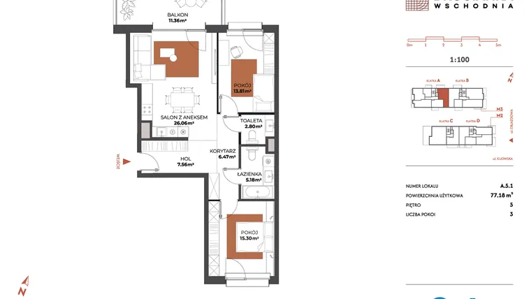 Rzut - Mieszkanie na sprzedaż 3 pokoje o powierzchni 77,18 m² - numer A.5.1 w Drucianka Wschodnia