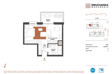 Rzut - Mieszkanie na sprzedaż 1 pokój o powierzchni 37,53 m² - numer A.1.5 w Drucianka Wschodnia
