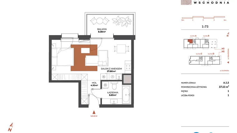 Rzut - Mieszkanie na sprzedaż 1 pokój o powierzchni 37,53 m² - numer A.1.5 w Drucianka Wschodnia