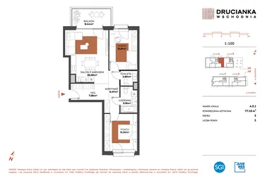 Rzut - Mieszkanie na sprzedaż 3 pokoje o powierzchni 77,18 m² - numer A.2.1 w Drucianka Wschodnia