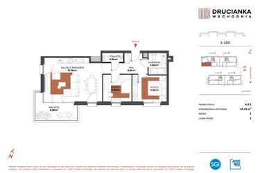 Rzut - Mieszkanie na sprzedaż 3 pokoje o powierzchni 69,33 m² - numer A.3.3 w Drucianka Wschodnia