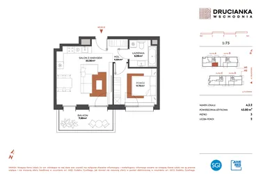 Rzut - Mieszkanie na sprzedaż 2 pokoje o powierzchni 43,8 m² - numer A.3.2 w Drucianka Wschodnia