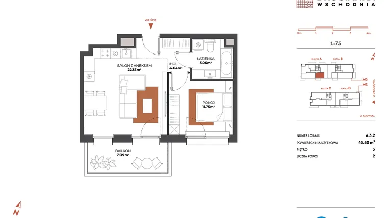 Rzut - Mieszkanie na sprzedaż 2 pokoje o powierzchni 43,8 m² - numer A.3.2 w Drucianka Wschodnia