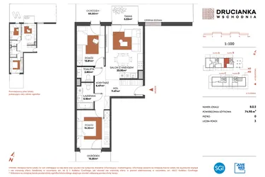 Rzut - Mieszkanie na sprzedaż 3 pokoje o powierzchni 74,98 m² - numer B.0.2 w Drucianka Wschodnia