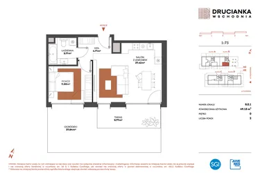 Rzut - Mieszkanie na sprzedaż 2 pokoje o powierzchni 49,18 m² - numer B.0.1 w Drucianka Wschodnia