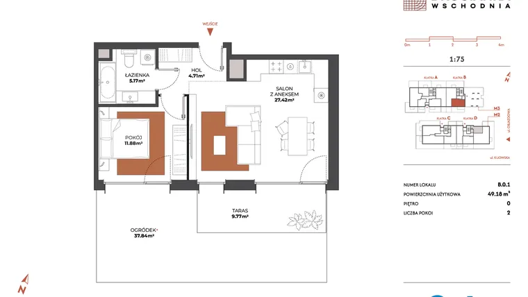 Rzut - Mieszkanie na sprzedaż 2 pokoje o powierzchni 49,18 m² - numer B.0.1 w Drucianka Wschodnia
