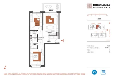 Rzut - Mieszkanie na sprzedaż 3 pokoje o powierzchni 74,98 m² - numer B.1.2 w Drucianka Wschodnia