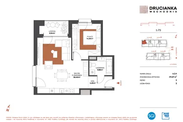 Rzut - Mieszkanie na sprzedaż 2 pokoje o powierzchni 59,69 m² - numer A.3.4 w Drucianka Wschodnia