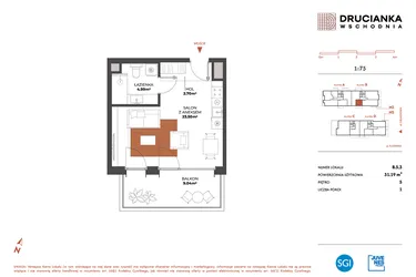 Rzut - Mieszkanie na sprzedaż 1 pokój o powierzchni 31,19 m² - numer B.5.3 w Drucianka Wschodnia