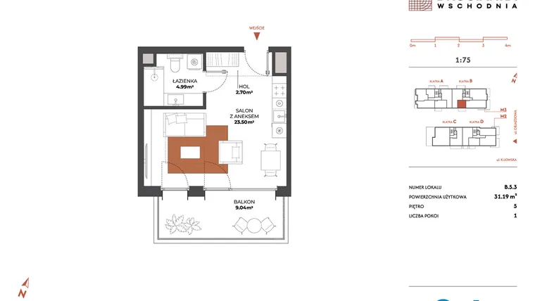 Rzut - Mieszkanie na sprzedaż 1 pokój o powierzchni 31,19 m² - numer B.5.3 w Drucianka Wschodnia