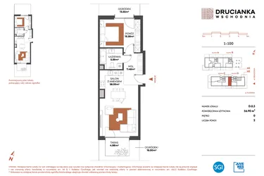 Rzut - Mieszkanie na sprzedaż 2 pokoje o powierzchni 56,9 m² - numer D.0.3 w Drucianka Wschodnia