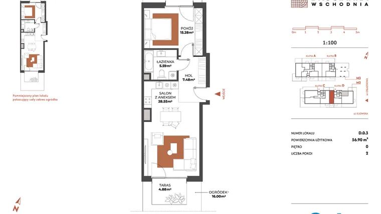 Rzut - Mieszkanie na sprzedaż 2 pokoje o powierzchni 56,9 m² - numer D.0.3 w Drucianka Wschodnia